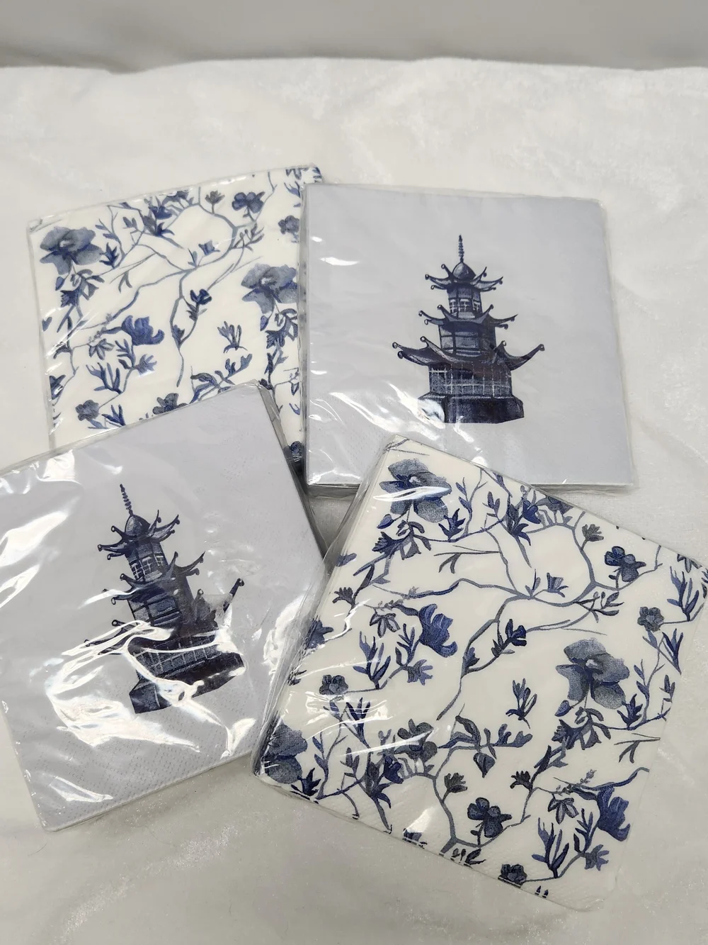Foster Blue Floral & Pagoda Beverage Napkin Set - Foster - Blue/White
